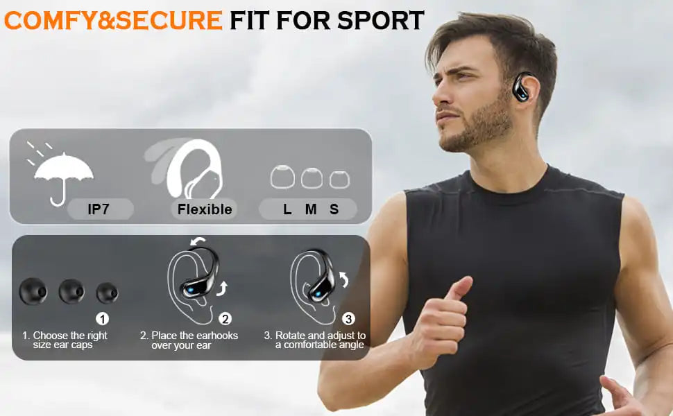Bluetooth 5.3 Headphones Pure Bass Sound with Earhooks 75H Battery Over Ear Headphones with Dual-LED Display IP7 Waterproof