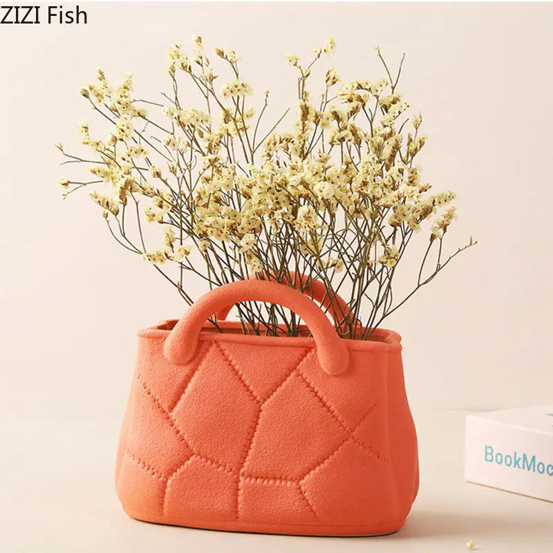 Creative Woven Handbag Vase Ceramic Flower Pots Decorative Flower Arrangement Desk Decoration Ornaments Crafts Floral Vases