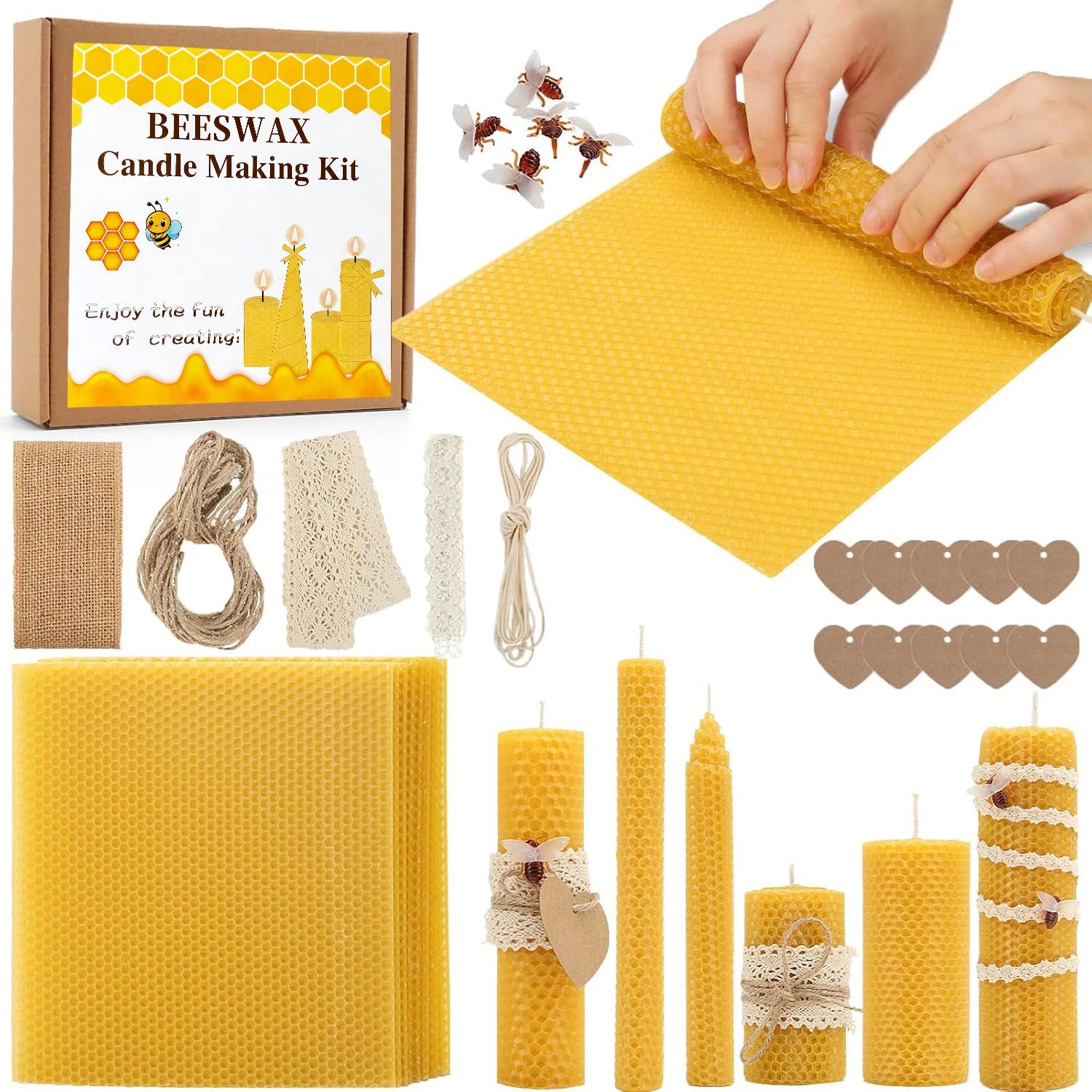 Beeswax DIY Candle Making Kit Candle Making Supplies 8in Beewax Sheets with Cotton Wick Bee Ornaments Lace Ribbon and Hemp Rope
