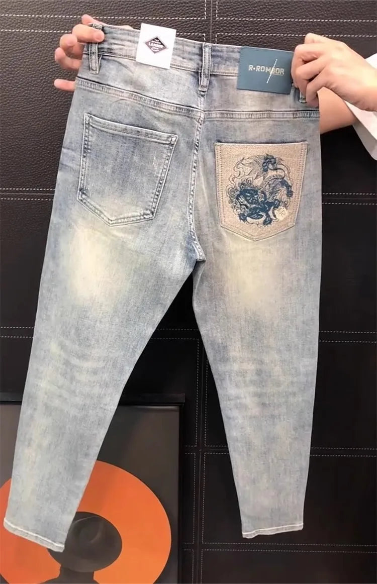 Ele Men's Jeans Casual Slim Fit Embroidered Elastic Summer New Sle Faionable Lightweight Faion Urban Youth Jeans