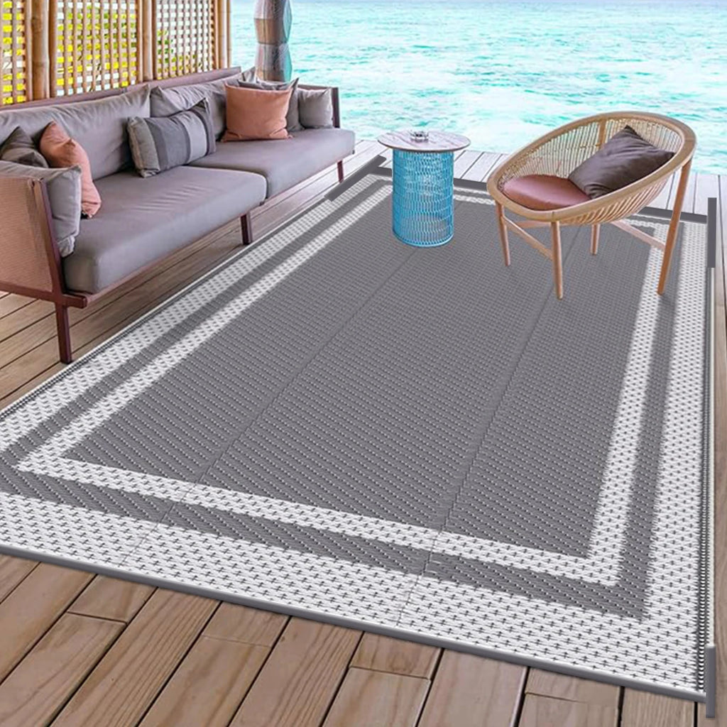 6' x 9' Outdoor Mat with Ground Pegs - Durable PP Material, Gray and White Grid Pattern, Perfect for Patio, Camping and Outdoor