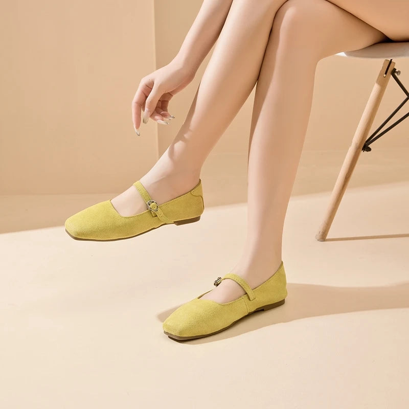 AIYUQI Mary Jane Women's Shoes 2026 New Suede Leather Non-slip Women Ballet Flat Shoes Square Toe Comfortable Female Shoes