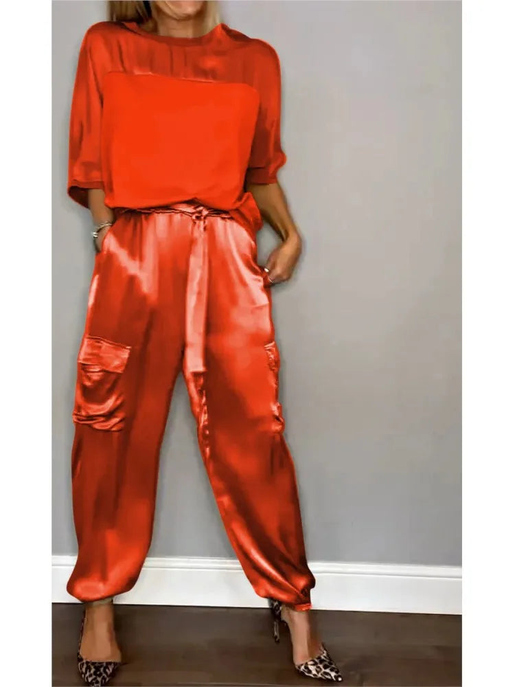 2024 Spring Women's New Fashionable Smooth Satin Half Sleeve Top With Strap Pants Pocket Set Half Sleeve Pants Two Piece Set