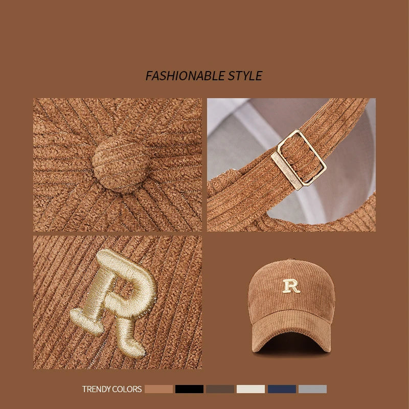 Corduroy Baseball Cap with 3D Embroidered 'R' Letter Solid Color Adjustable Structured Hat Stylish Fall and Winter Accessory
