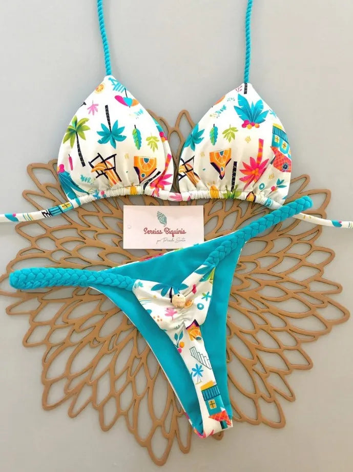 2026 New Bikinis Women Swimsuit Sexy Swimwear Halter Bikini Set Lace-up Biquine Brasileiro Thong Print Beachwear Party Wear