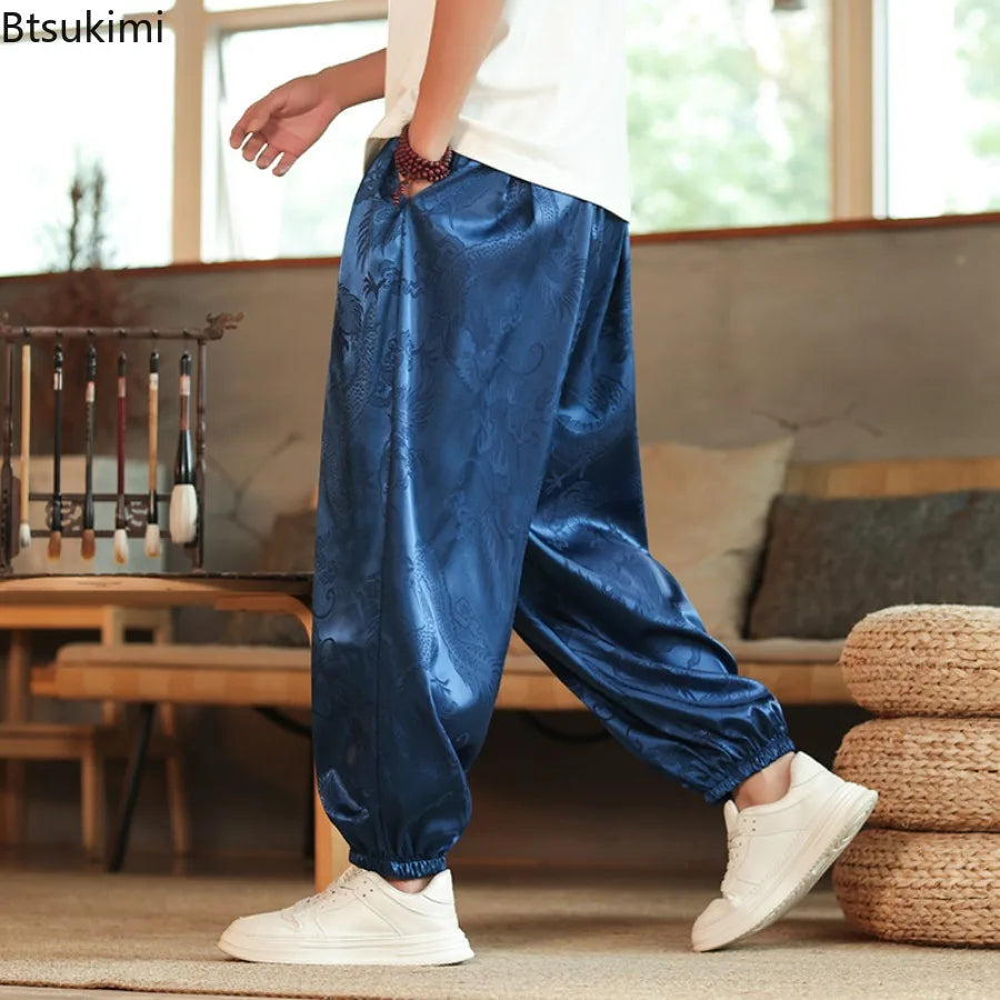 2026 Men's Chinese Style Pants Summer Ice Silk Casual Trousers Vintage Dragon Print High Quality Loose Wide Leg Harem Pants Male