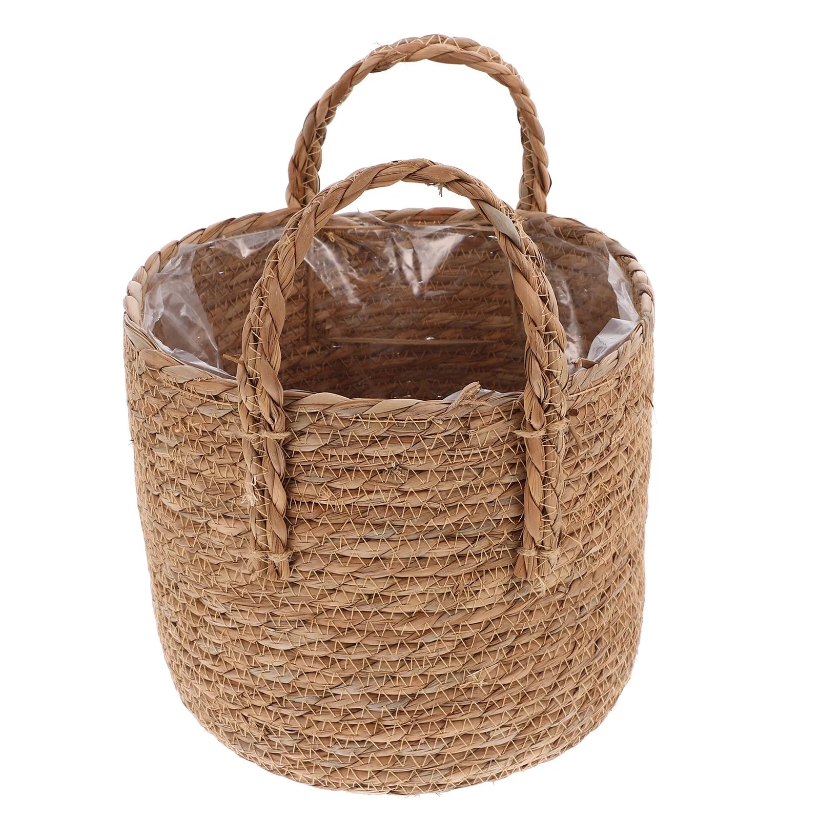 1Pcs Braided Seagrass Flowerpot 25Cm Vintage Style Planter with Plastic Liner Ideal for Artificial Plants and Desktop Storage