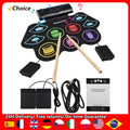Electronic Drum Set Hand Roll Drum Percussion Instrument 9 Pads BT External Sound Drumsticks Foot Pedal MIDI Interface Speaker