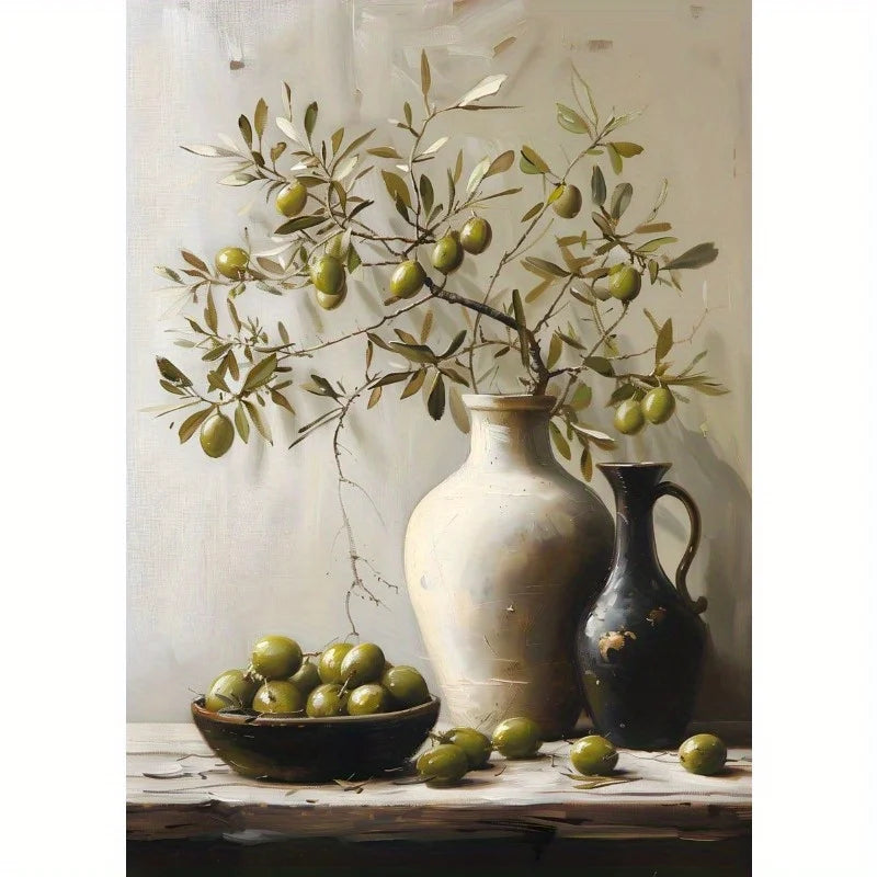 1pc Frameless Retro Still Life Poster Printing Lemon Olive Tree Plant in Vase Canvas Painting Plant Antique Family Room Decor
