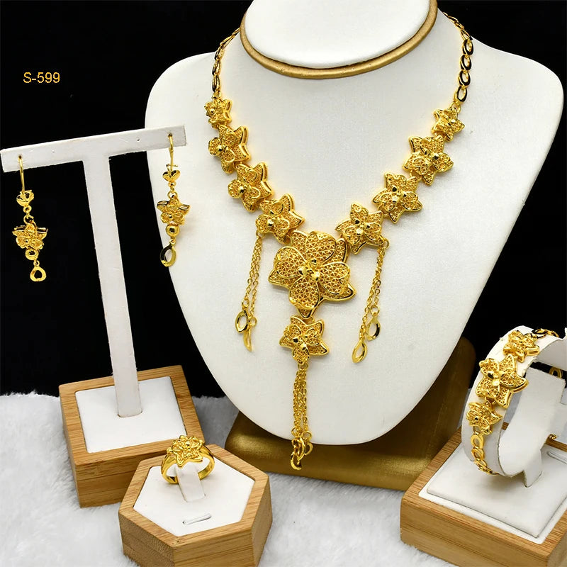 Ethiopian Tassel 24k Gold Plated Jewelry Sets For Women Arabic Wedding Indian Bridal Dubai Necklace And Earring Set Party Gifts