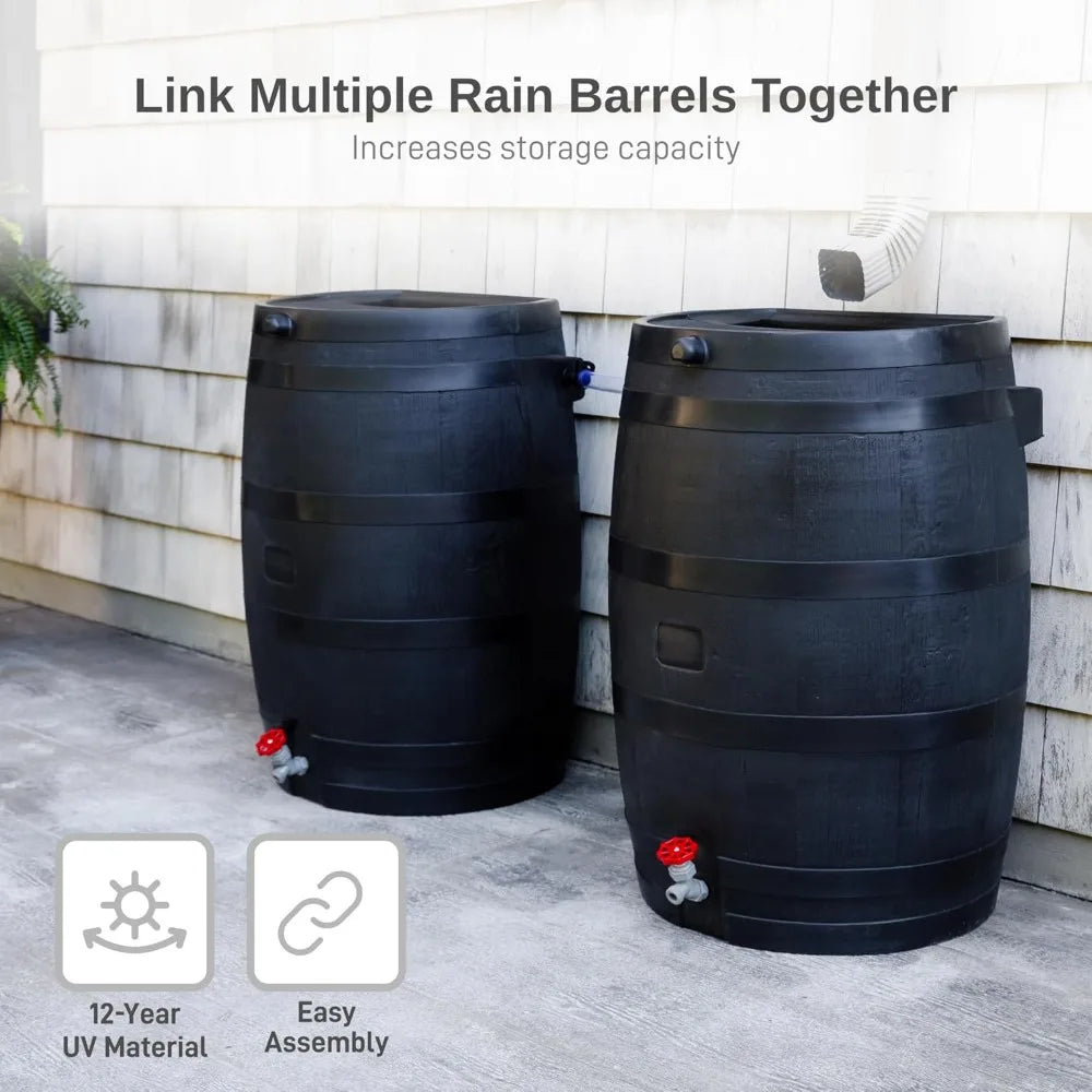 50 Gallon ECO Rain Barrel Flat Back Design 100% Recycled Plastic Rainwater Collection Tank Black