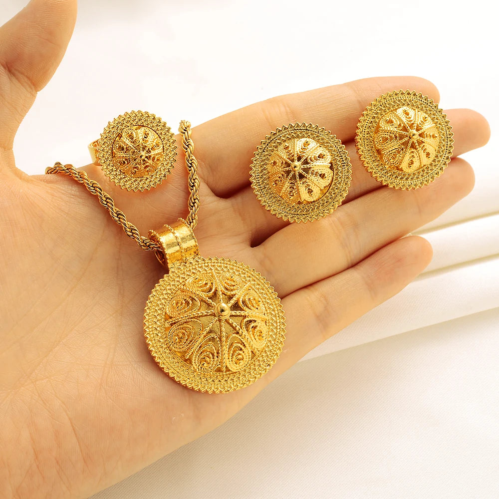 24K Gold Plated Fashion Ethiopian Earrings/Pendant/Ring Jewelry Sets Gold Plate Africa Bride Wedding Eritrea Set Gift