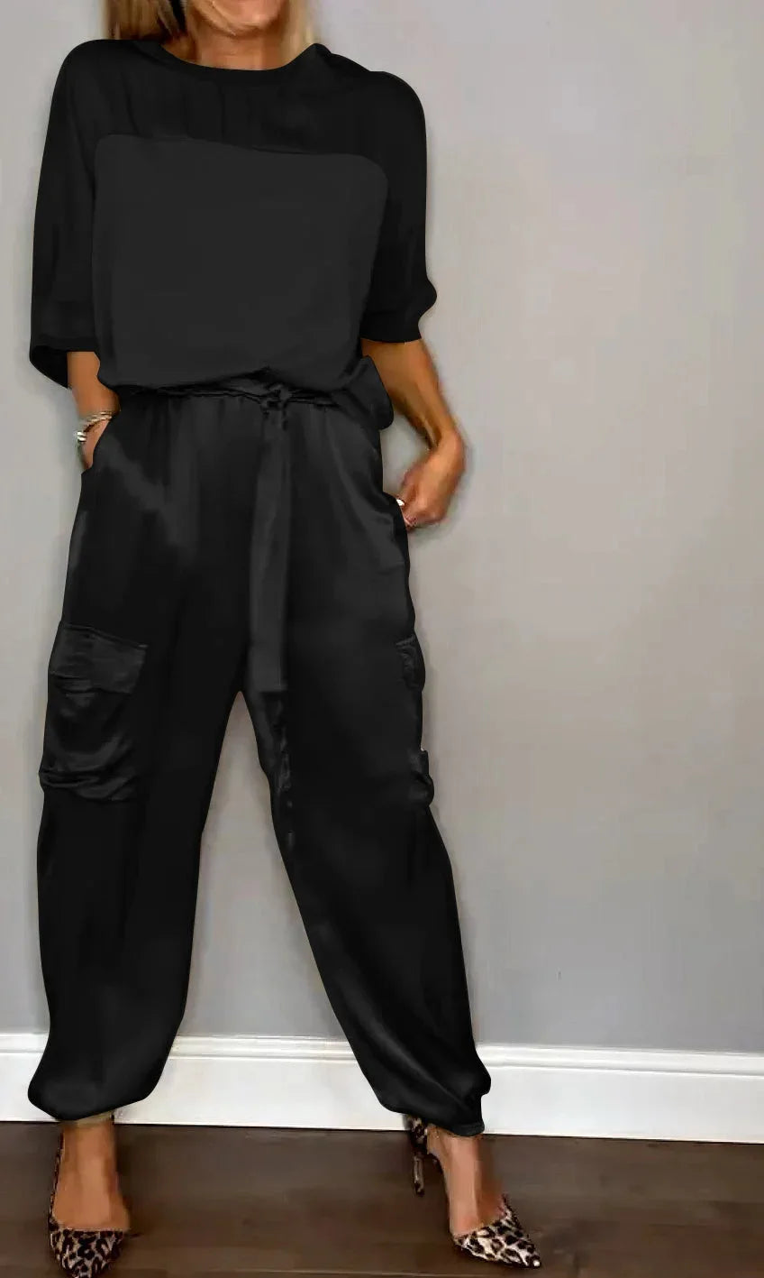 2024 Spring Women's New Fashionable Smooth Satin Half Sleeve Top With Strap Pants Pocket Set Half Sleeve Pants Two Piece Set