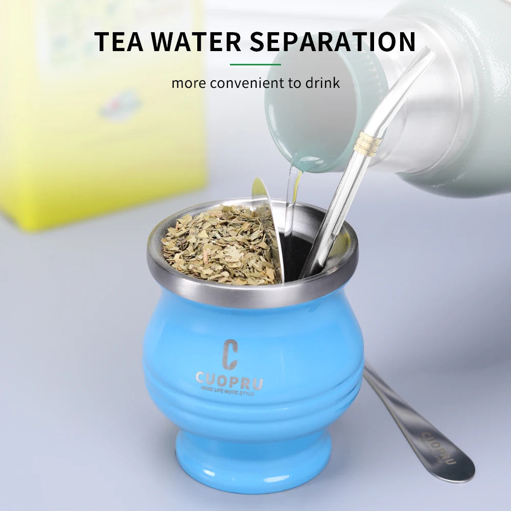5 in 1 Yerba Mate Cup Set, Include CUOPRU Double Walled StainlMate Gourd, Tea Separator set, Bombillas(Straw) and Cleaning Brush