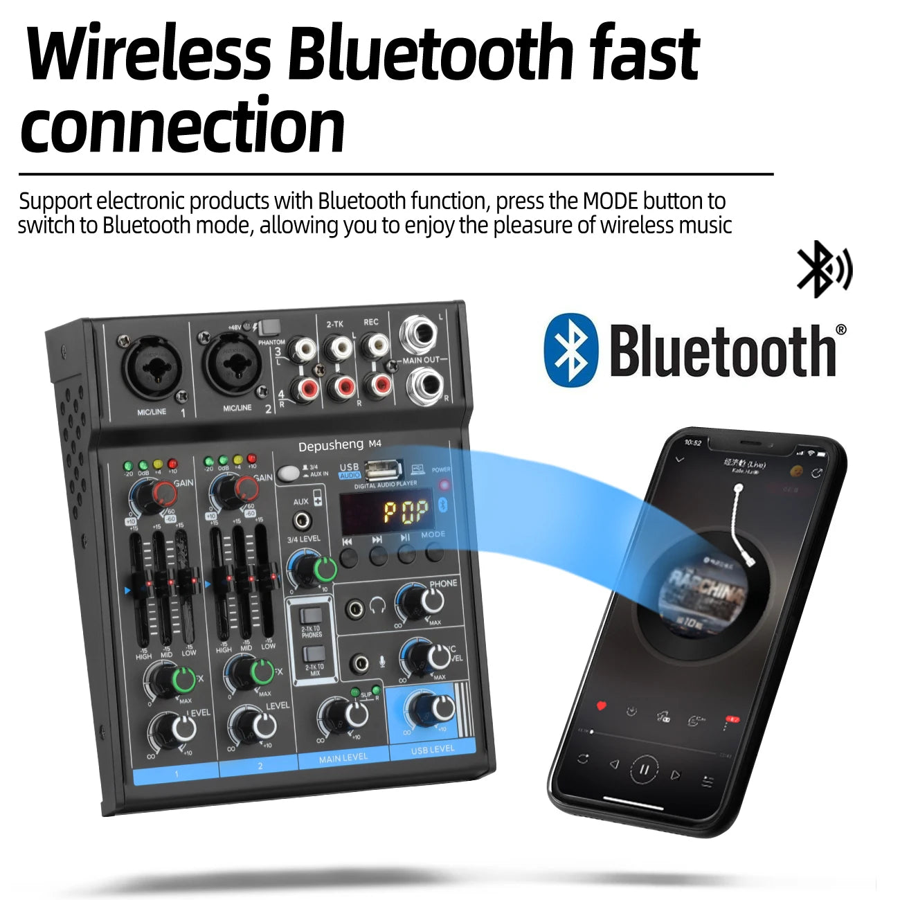 Audio Mixer Depusheng M4 4-Channels Mini Sound Mixing Console Bluetooth USB Record Computer 5V Repaeat Effect