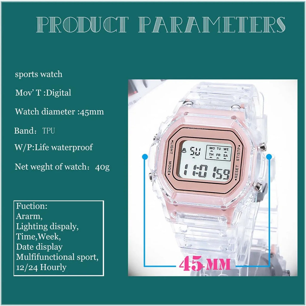 1/5pc Fashion Men Women Watches Transparent Digital Sport Lover'S Gift Children Kid'S Wristwatch Female Clock  Specification