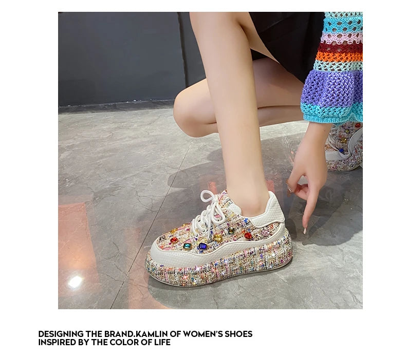 Designer Sneakers for Women 2025 New Spring Shiny Rhinestones Women's Vulcanize Shoes Fashion Autmn Platform Casual Shoes Female