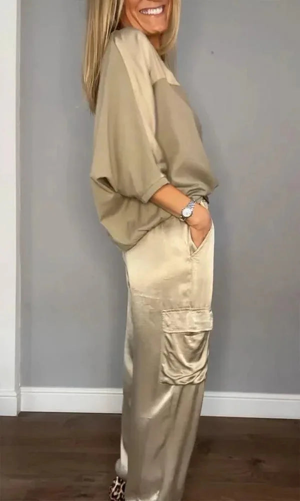 2024 Spring Women's New Fashionable Smooth Satin Half Sleeve Top With Strap Pants Pocket Set Half Sleeve Pants Two Piece Set