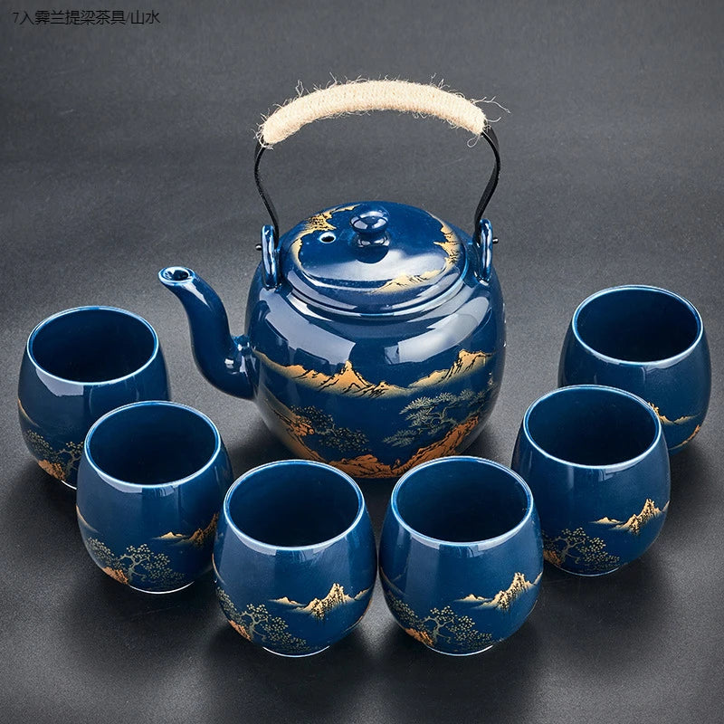 Black glaze large-capacity tea set, simple ceramic beam pot, teacup whole tea pot set  tea set  tea pot and cup set