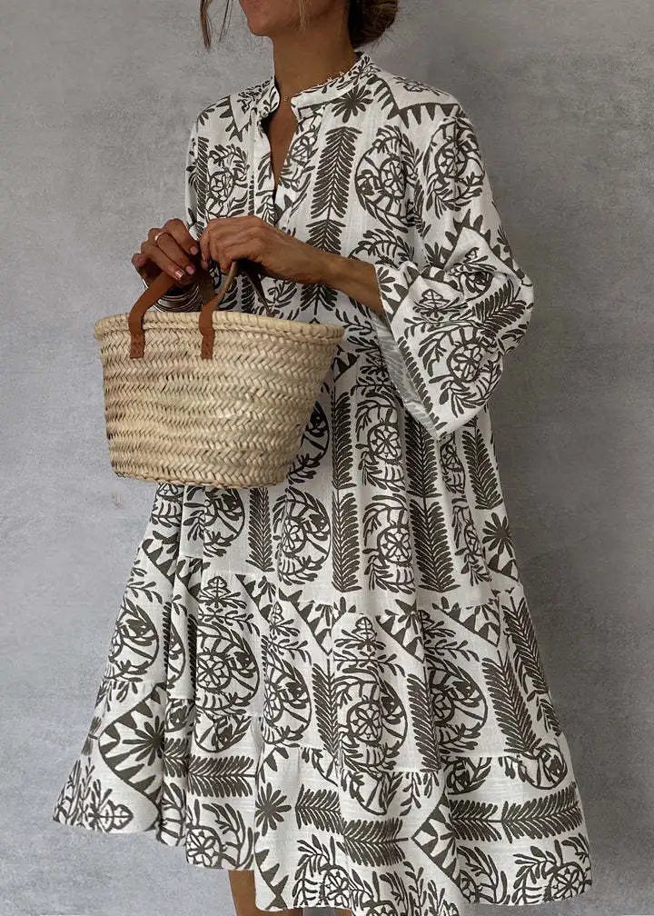 Casual Bohemian Style Print Midi Dresses Women Fashion V-neck 3/4 Sleeve Loose Shirt Dress Summer Female Beach Dress Vestidos