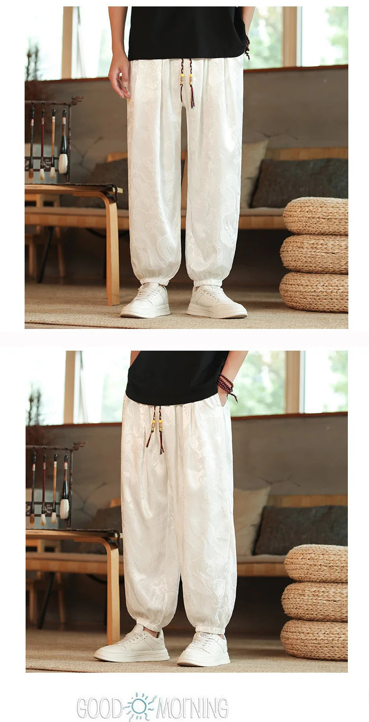 2026 Men's Chinese Style Pants Summer Ice Silk Casual Trousers Vintage Dragon Print High Quality Loose Wide Leg Harem Pants Male
