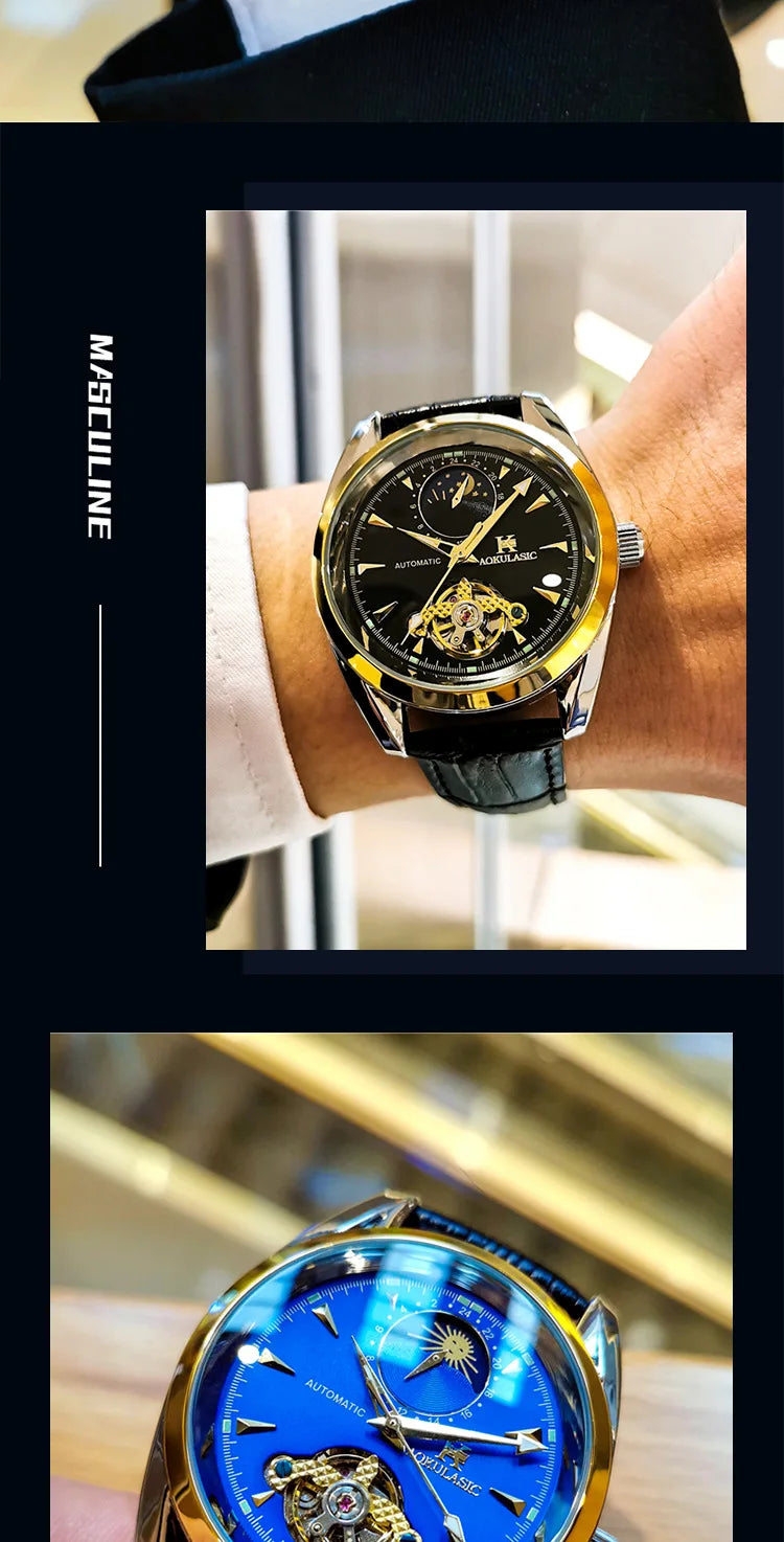 AOKULASIC Luxury Mens Automatic Mechanical Watch Moon Phase Stars Tourbillon Luminous Waterproof Fashion Wristwatch