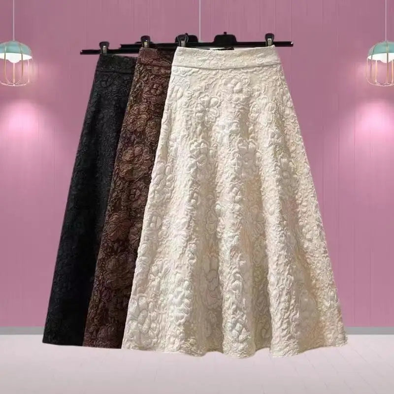 2024 New Spring and Autumn Vintage Fashion Minimalist Elegant Versatile Solid Color Printed Pleated Women's High Waist Skirt