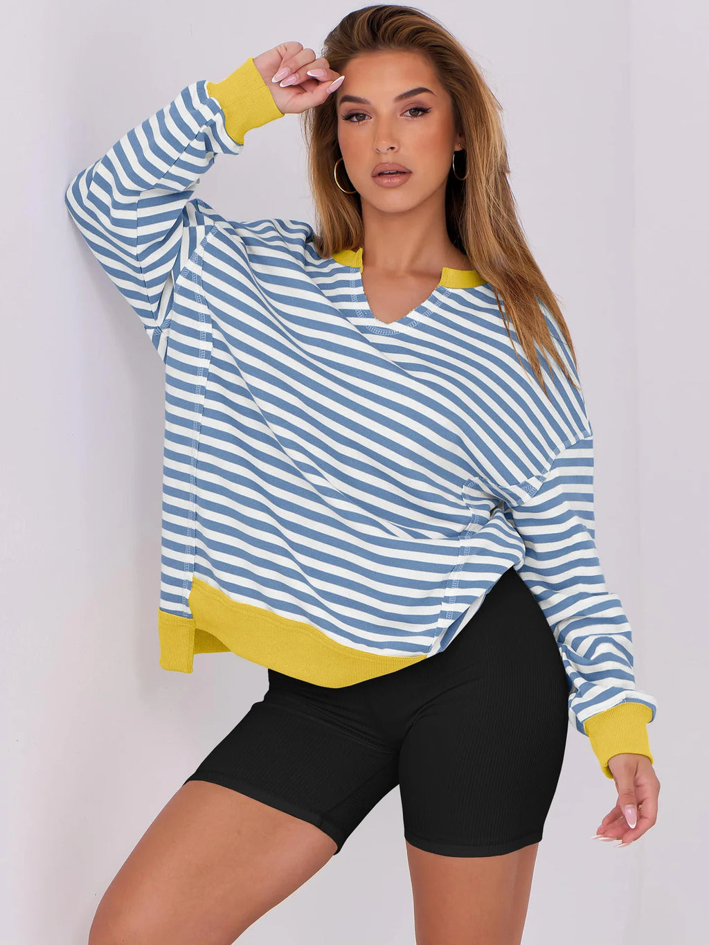 2026 Spring Sweatshirts Women Sweatshirt Tops V Neck Full Sleeve Y2k Streetwear Work Casual Loose Elegant Striped Top Autumn