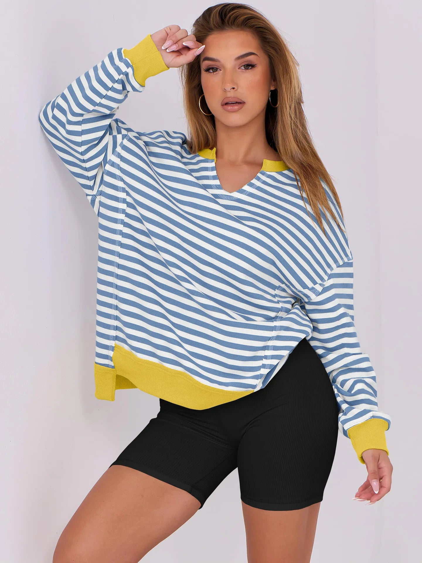2026 Spring Sweatshirts Women Sweatshirt Tops V Neck Full Sleeve Y2k Streetwear Work Casual Loose Elegant Striped Top Autumn
