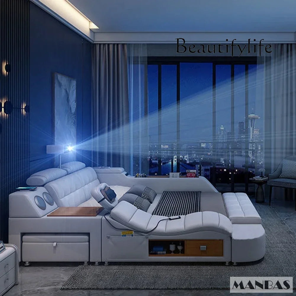 D MANBAS Tech Smart Genuine Leather Bed | Multifunctional Ultimate Beds | Massage Tatami Bed With Projecter | Upholstered Cama