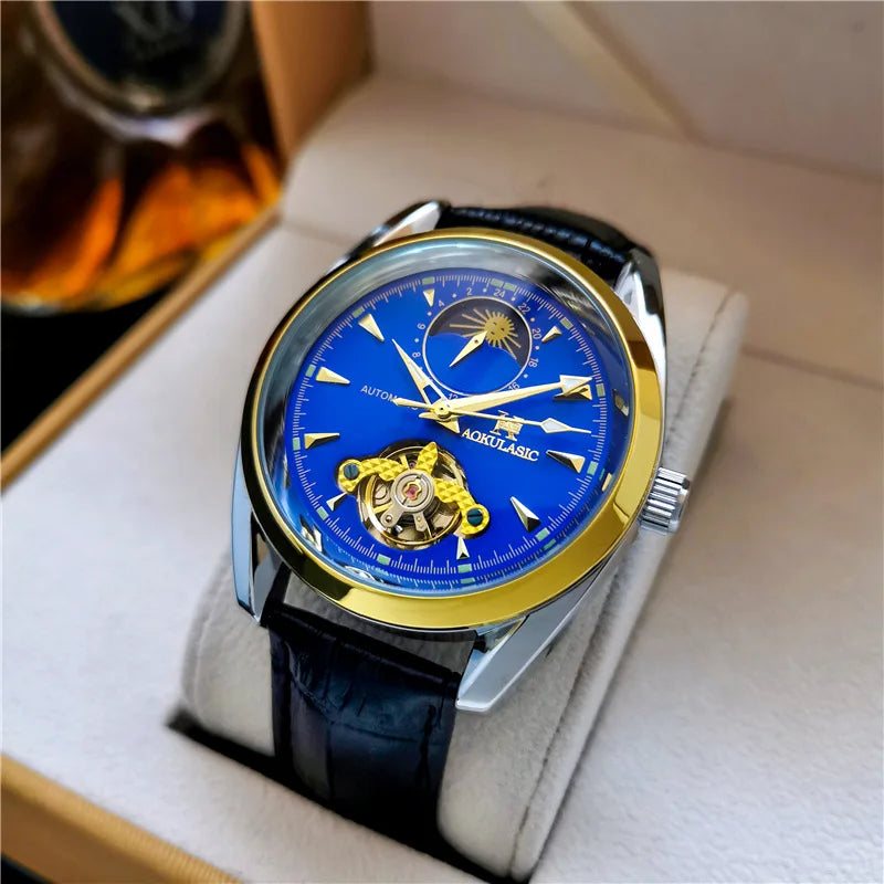 AOKULASIC Luxury Mens Automatic Mechanical Watch Moon Phase Stars Tourbillon Luminous Waterproof Fashion Wristwatch