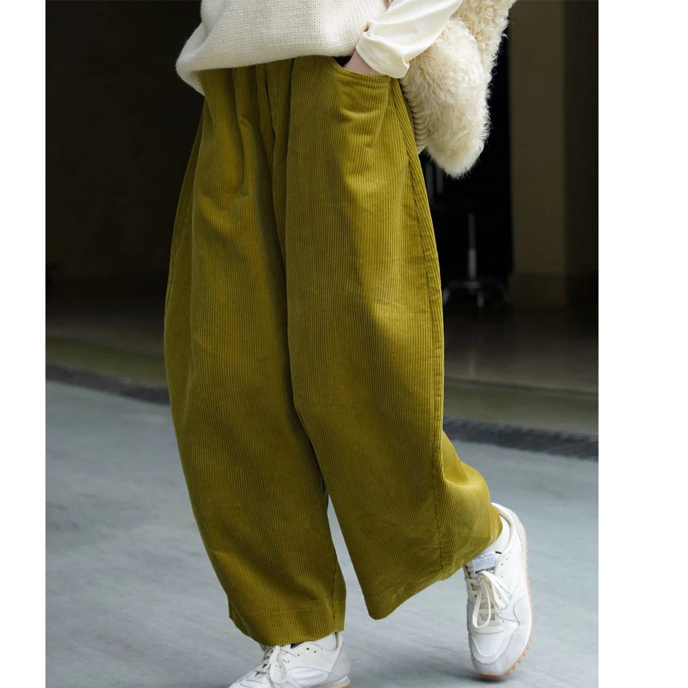 2025 Women Spring Fashion Big Wide Leg Pants Stretch High Waist Corduroy Pants Fashion Clothes 100% Cotton Pants Female Trousers