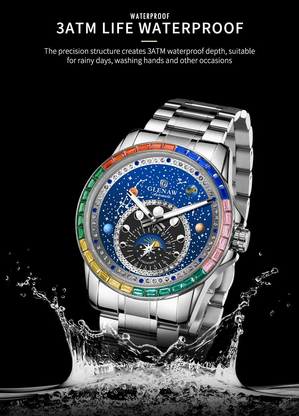 2025 New GLENAW Rainbow Circle Mechanical Watch Men Constellation dial Design Night Light Waterproof Top Luxury Mechanical Watch