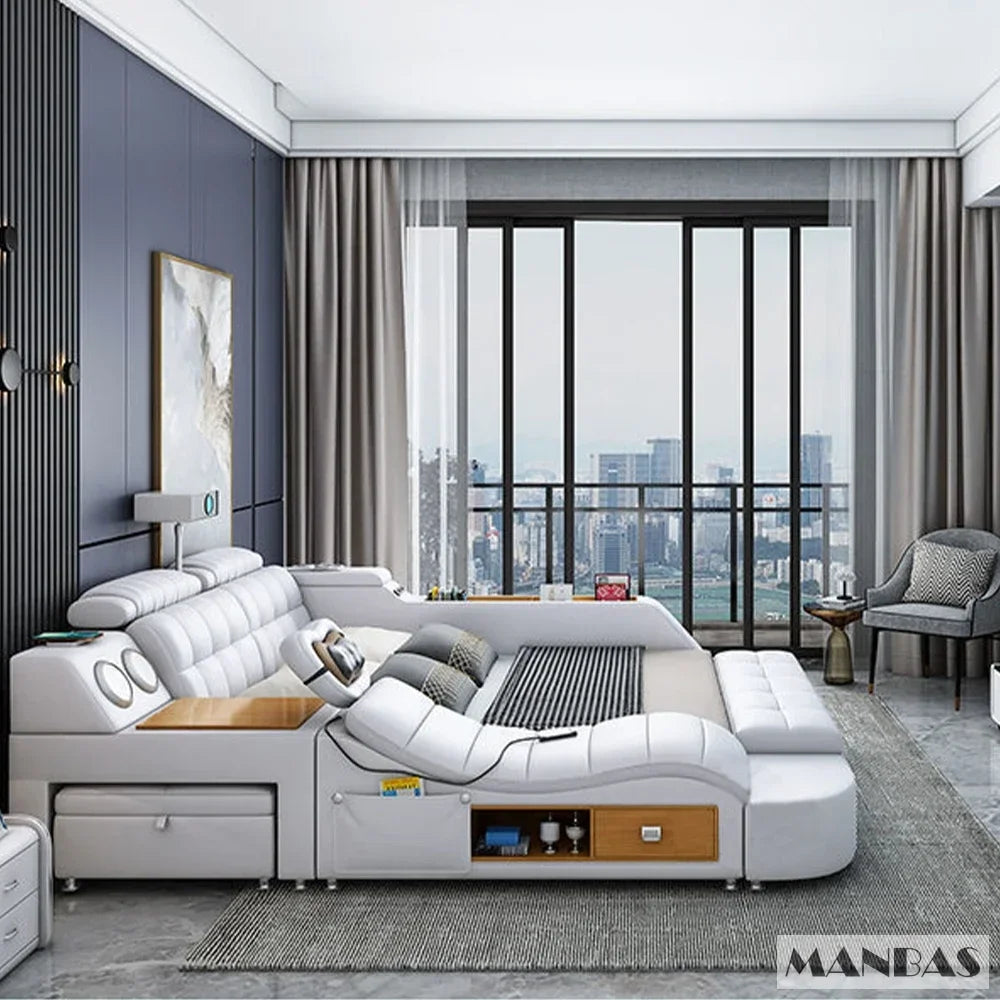 D MANBAS Tech Smart Genuine Leather Bed | Multifunctional Ultimate Beds | Massage Tatami Bed With Projecter | Upholstered Cama