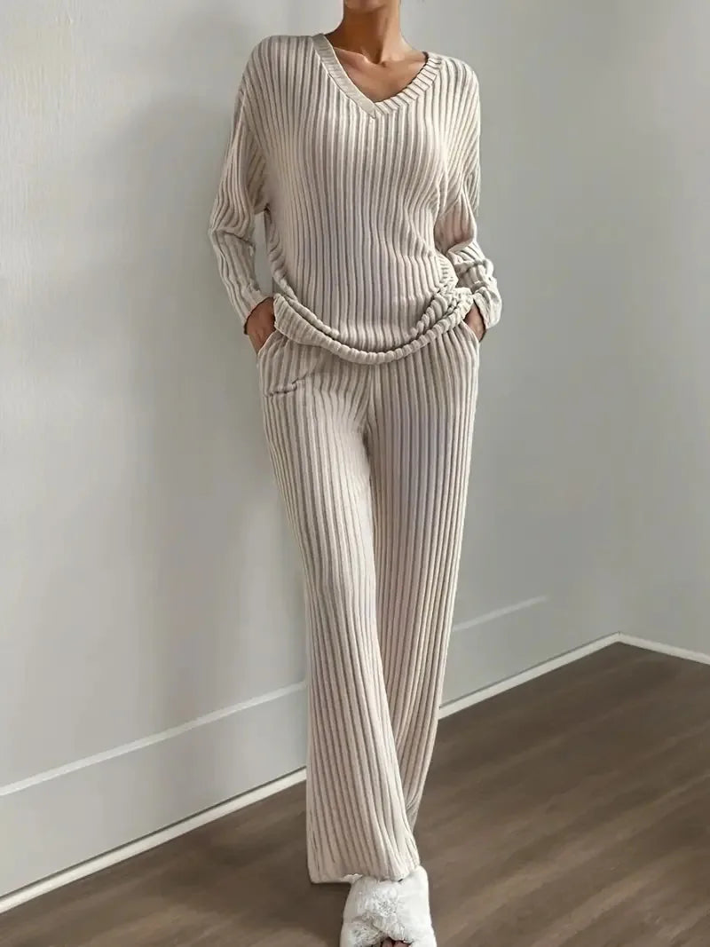 2025 Spring Fashion Women Homewear Set New Style Straight-leg Pants +Loose-fit V-neck Ribbed Knit Sweater Female Casual Pajamas