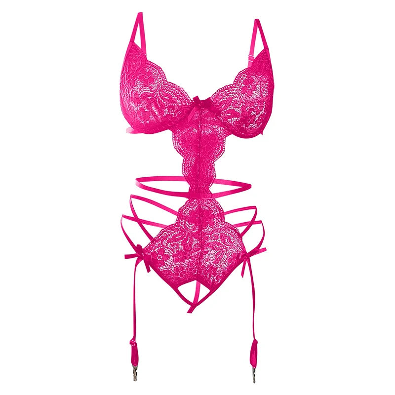 Erotic Lingerie For Women Sexy Costume Garter + Thong Set Lace Mesh Nightie Deep V Suspenders Baby Doll Dress Porn Underwear Set