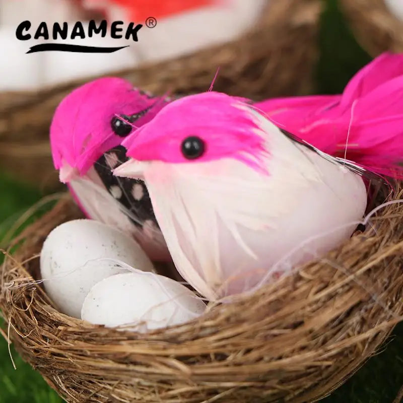1 Set Artificial Feathered Birds & Nest & Egg Creative Craft Birds Sculpture Art Decoration Home Garden