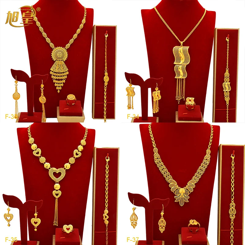 Arabic Dubai Jewelry Set for Women Earrings Ethiopian African Long Chain 24K Gold Color Necklace Wedding Bridal Party Gift