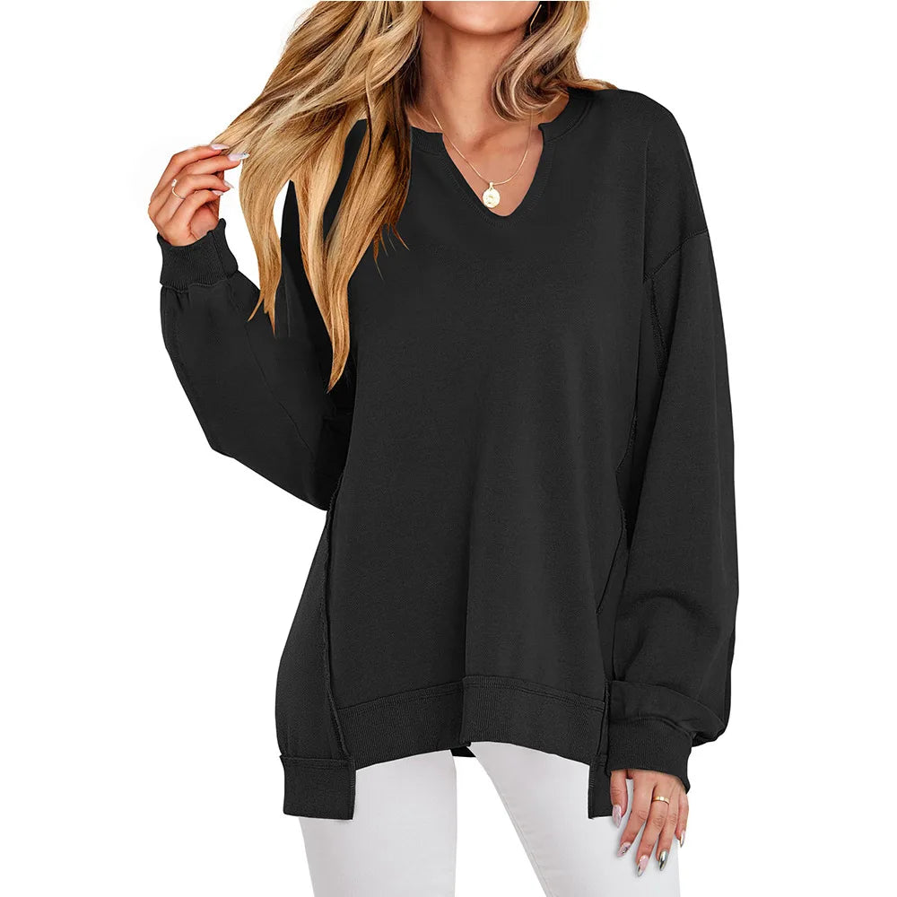 2026 Spring Sweatshirts Women Sweatshirt Tops V Neck Full Sleeve Y2k Streetwear Work Casual Loose Elegant Striped Top Autumn