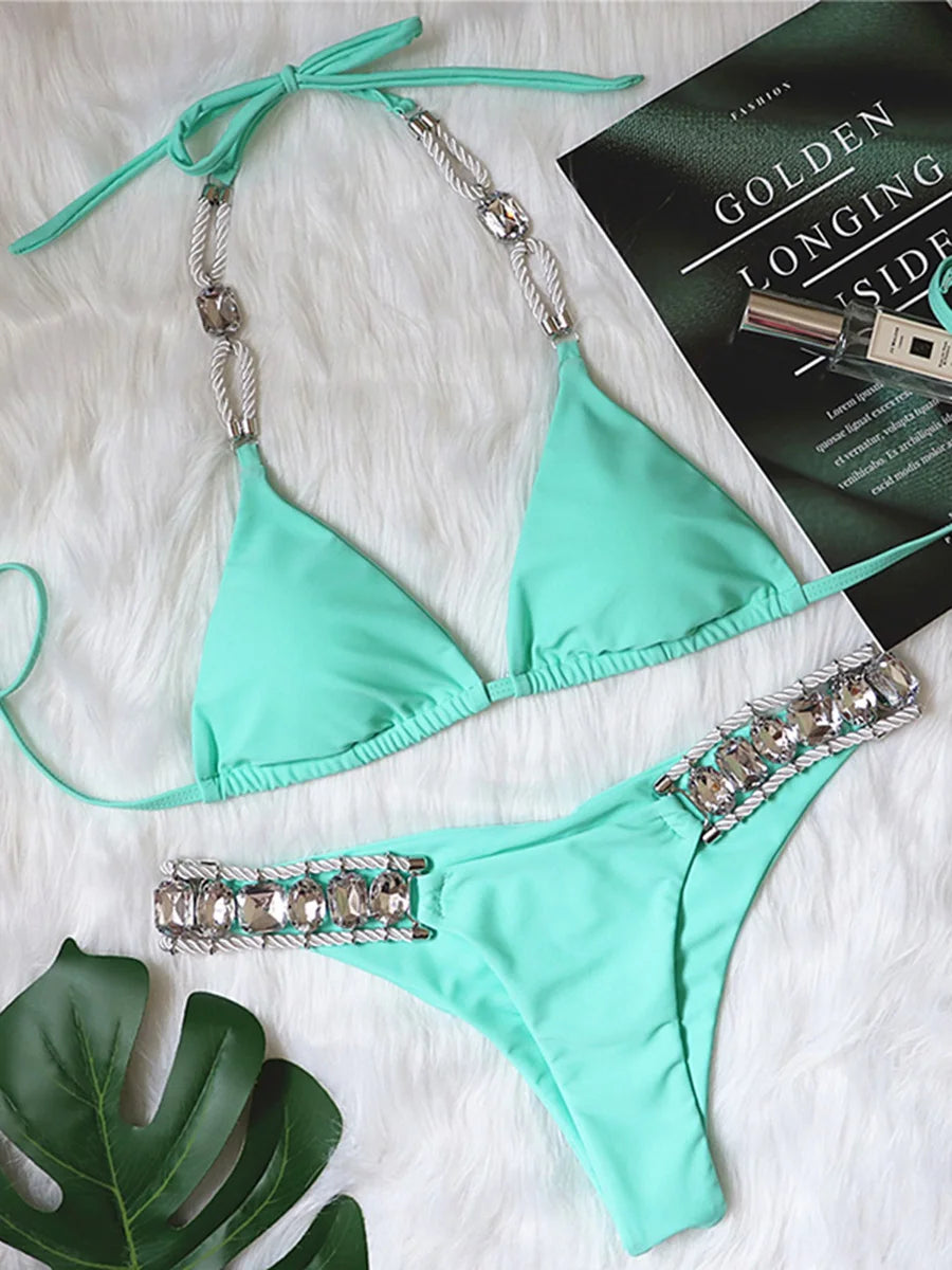 2025 Halter Shiny Crystal Diamond Bikini Women Swimsuit Female Swimwear Rhinestone Bikini Set Rhinestone Brazilian Bathing Suit