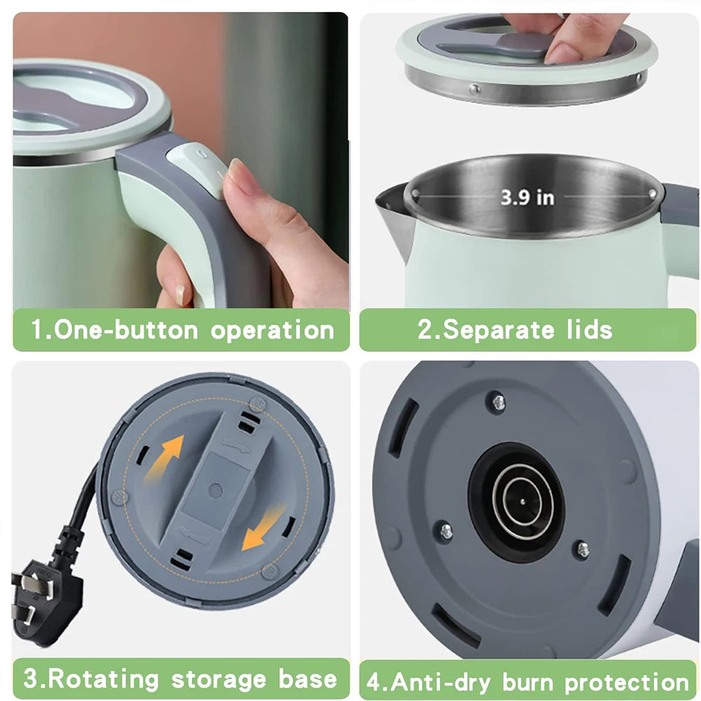110V/220V Electric Kettle 0.8L Portable Travel Kettle Stainless Steel Liner With Auto Shut-Off 600W 5Mins Fast Boil Home Kettle