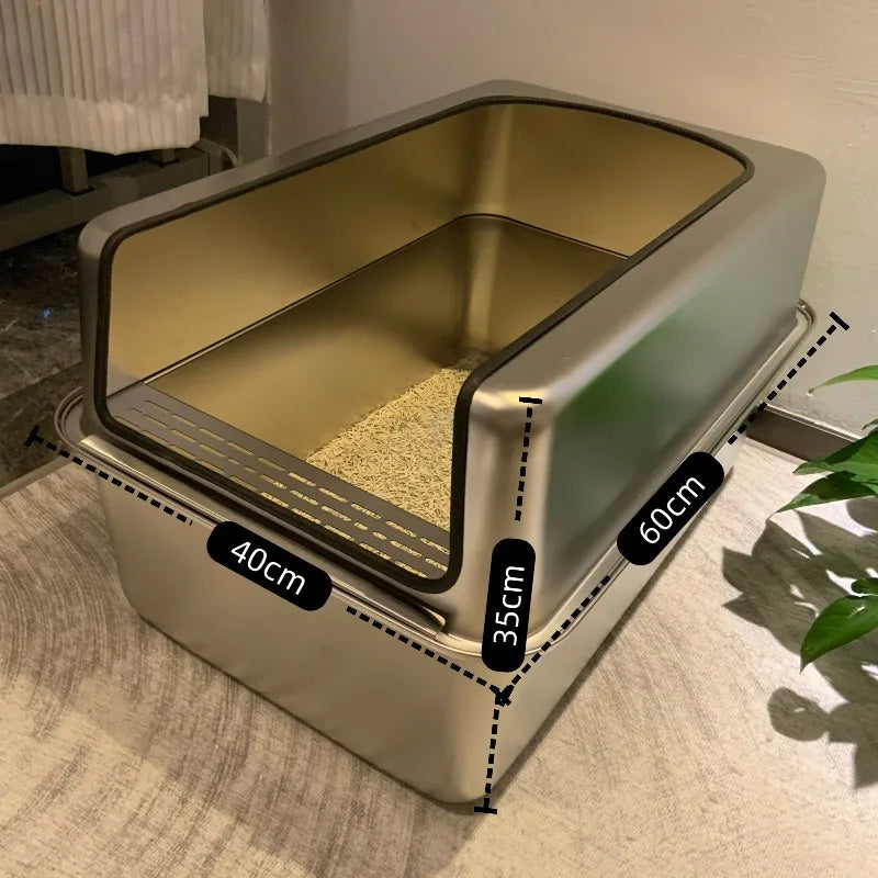 Extra-Large 60cm Cat Litter Box Stainless Steel Cat Poop Tray Raised Fence Cat Toilet Odor-Proof Anti-Splash Pet Litter Box