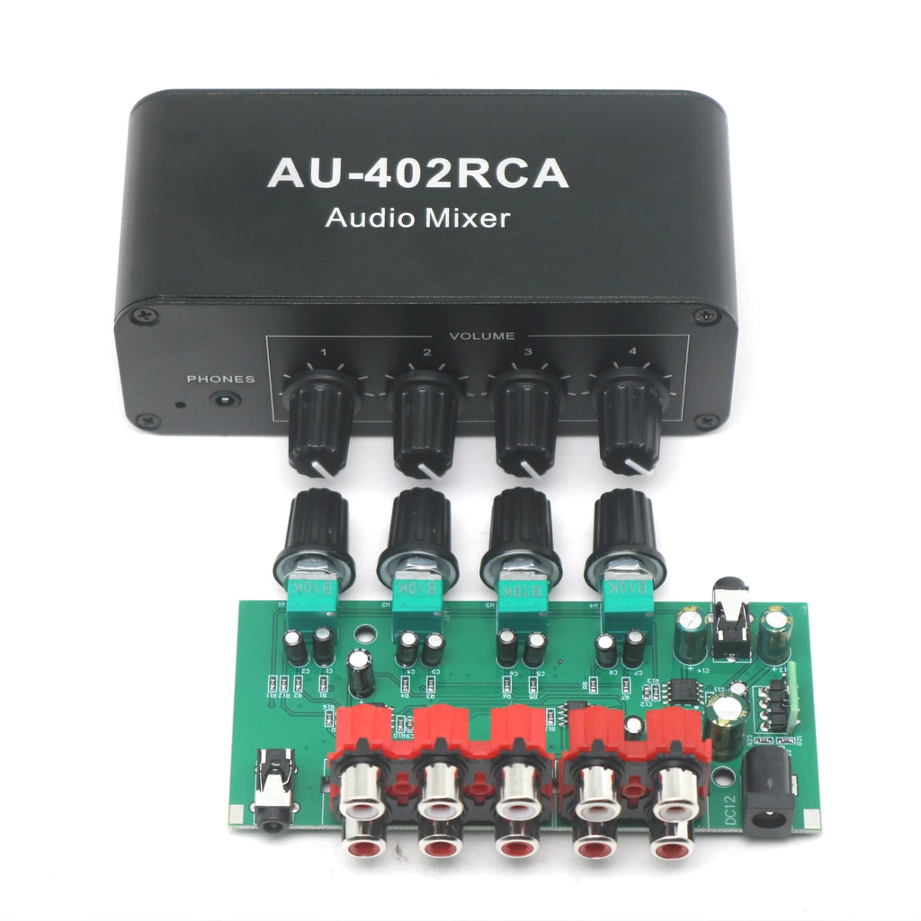 4-in/2-out Stereo Audio Mixer - RCA & 3.5mm Inputs Auto-Mixing No Switching Required Volume Control Drive Headphone Amplifier