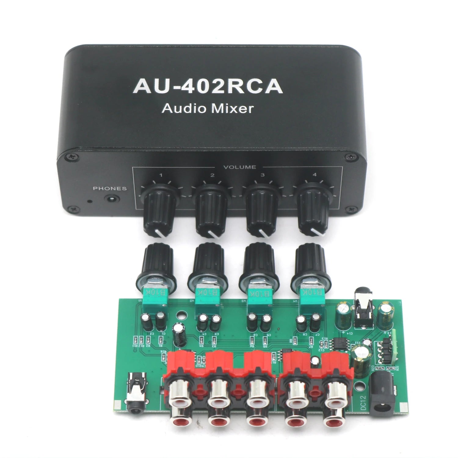 4-in/2-out Stereo Audio Mixer - RCA & 3.5mm Inputs Auto-Mixing No Switching Required Volume Control Drive Headphone Amplifier