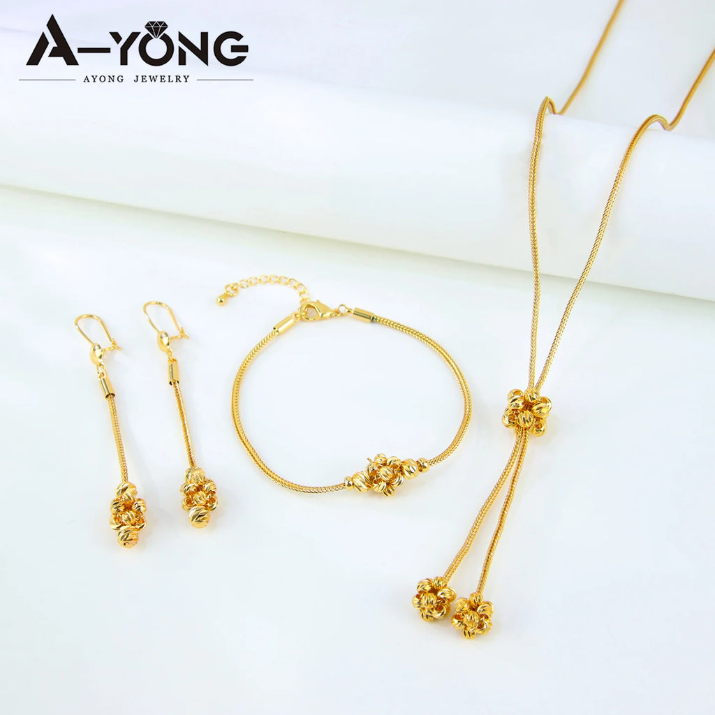 Arabic Gold Beads Jewelry Set 21k Gold Plated Dubai Women Bride Wedding Necklace Bracelet Earrings Ethiopian Fashion Jewellry