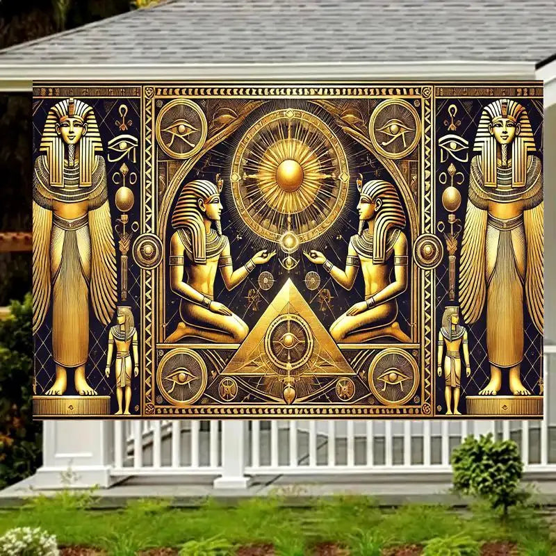 1 ancient Egyptian art party banner with pictographic symbols, designed in gold and black