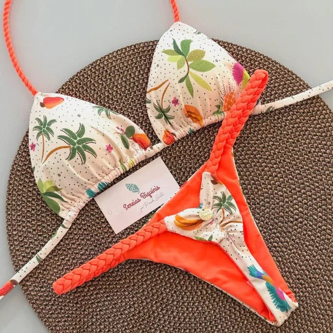 2026 New Bikinis Women Swimsuit Sexy Swimwear Halter Bikini Set Lace-up Biquine Brasileiro Thong Print Beachwear Party Wear