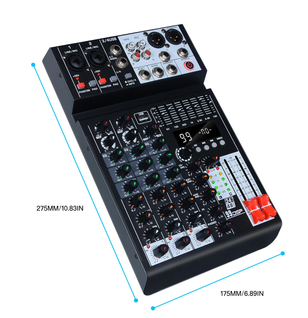 99 effects 4-channel mixing console with balance adjustment function Digital USB Bluetooth Echo Delay Effect 48V Stereo