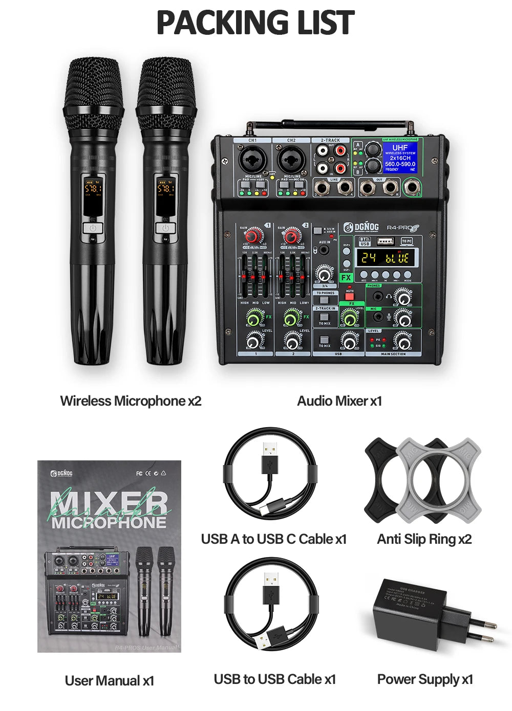 4 Channel Karaoke Audio Mixer with Dual UHF Wireless Microphone USB Bluetooth DJ Mixer for Party Computer Studio Recording DGNOG