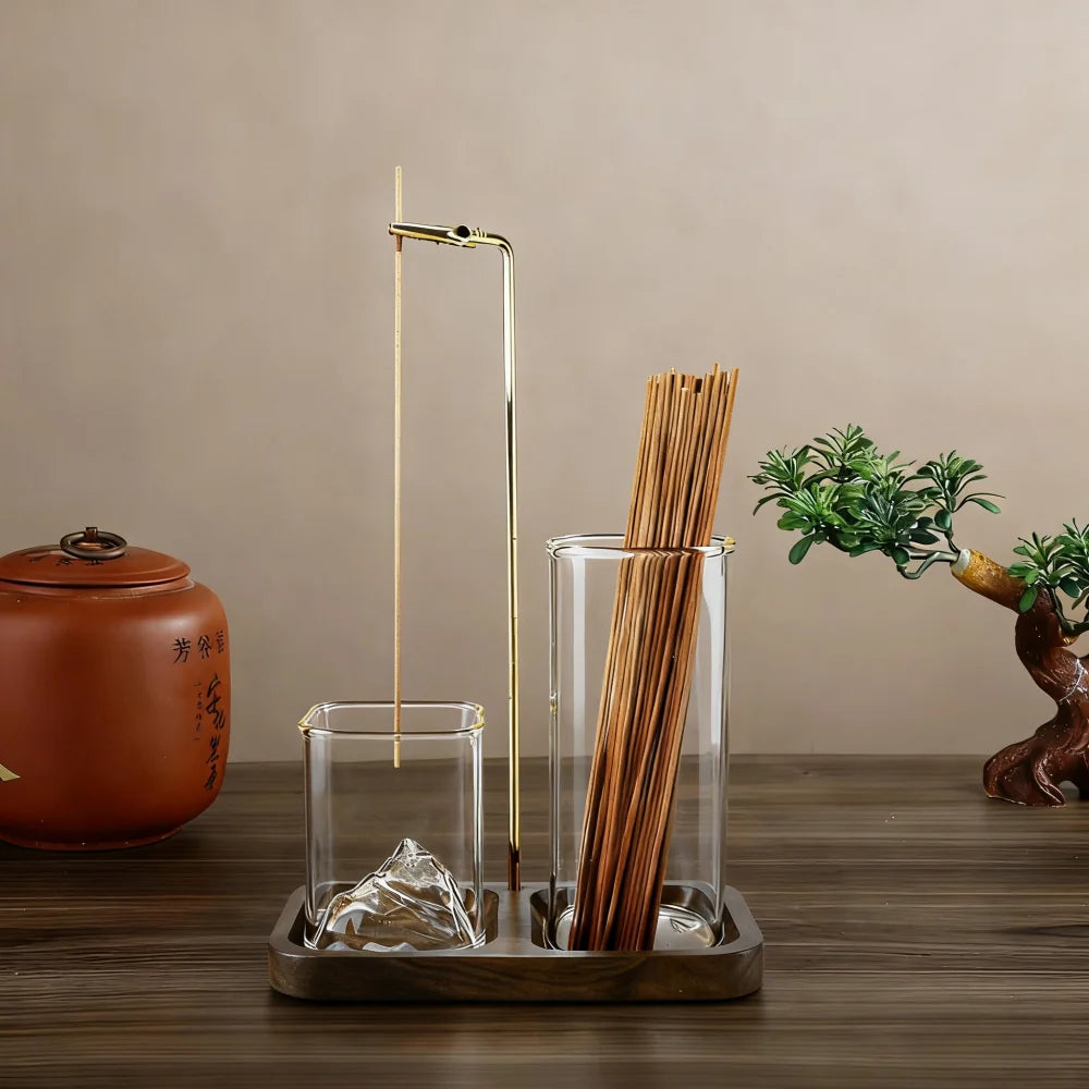 2 in 1 Fragrance Rack Anti-ash Aromatherapy Stove, Removable 3D Volcanic Glass Ash Tray with Walnut Base (suitable for Incense)